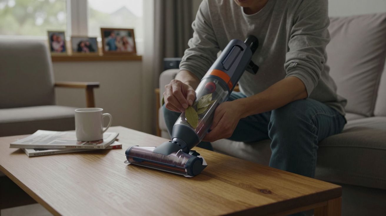 Person using a handheld vacuum cleaner on a wooden coffee table, next to a mug and newspapers.