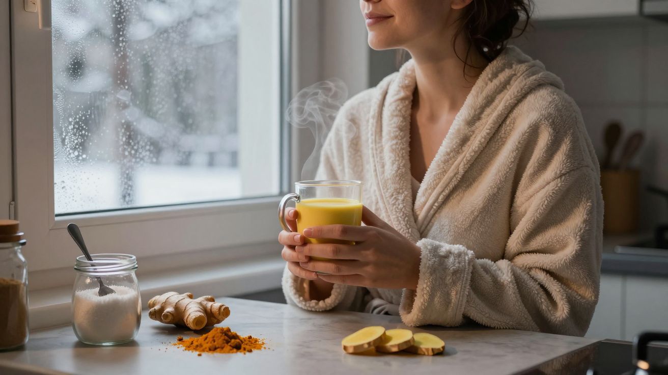 Woman in robe holding steaming cup by window, surrounded by ginger, turmeric, and jar on kitchen counter.