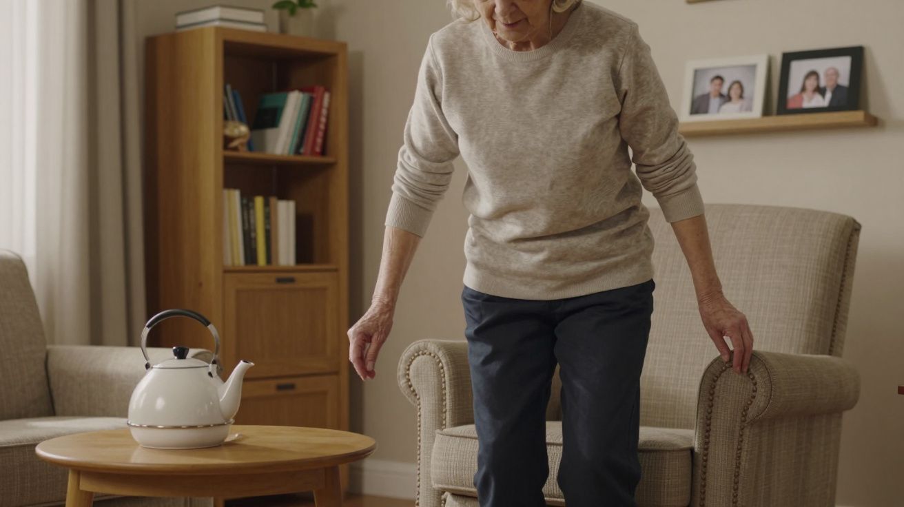 Elderly woman stands from a beige armchair in a cosy living room with a teapot on a wooden table.