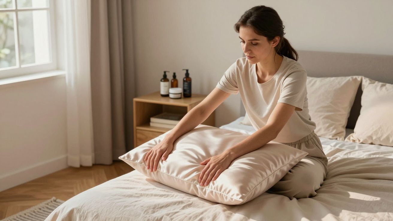 A person sitting on a bed, smoothing a pillow, with a wooden bedside table holding bottles in a softly lit room.