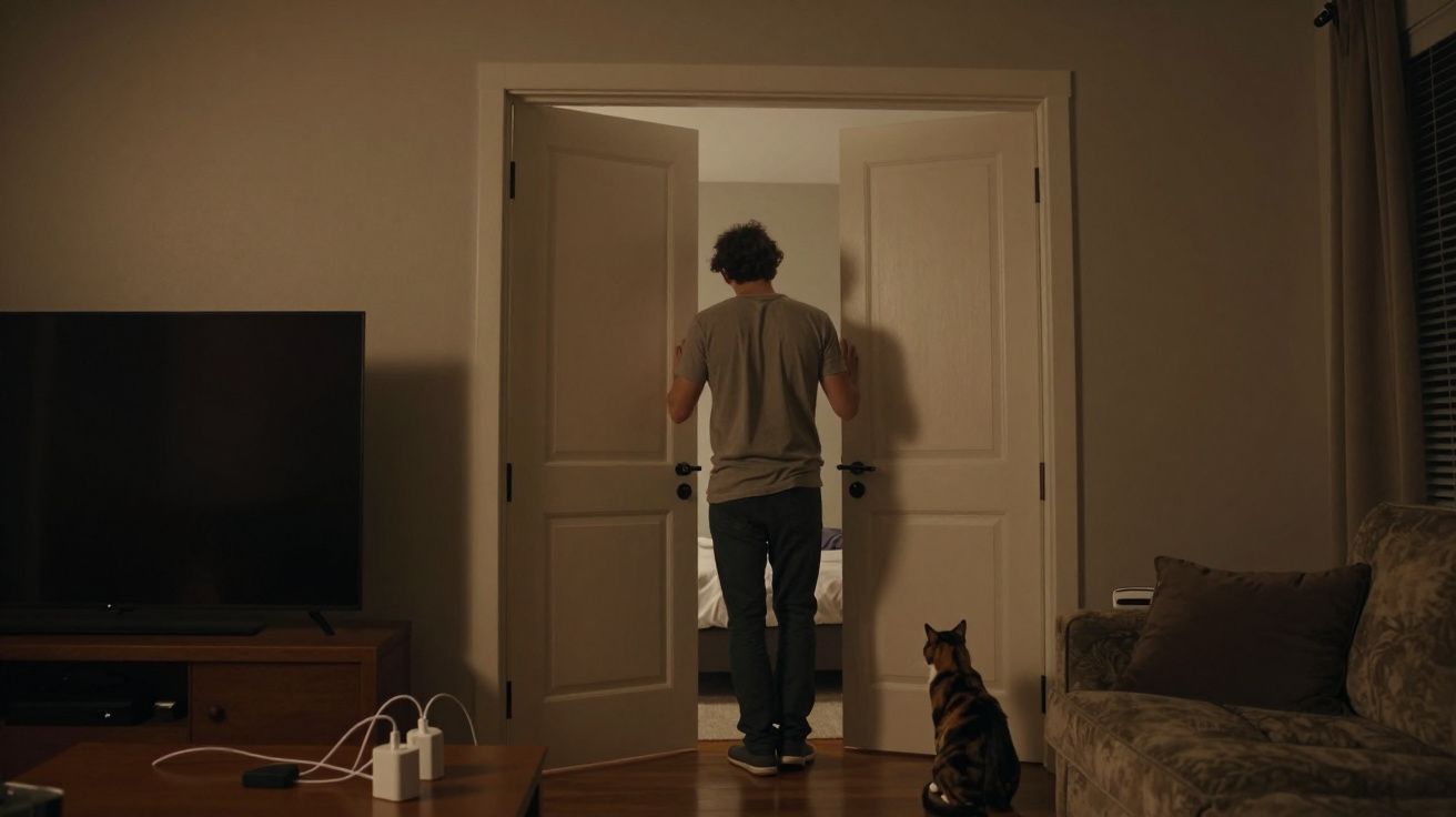 Person opening double doors in a dimly lit room with a cat nearby, television on the left, and sofa to the right.