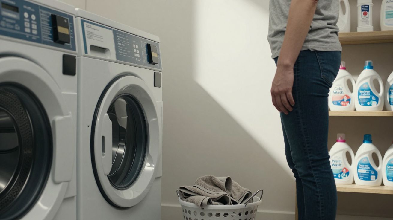 Person standing near washing machines with a laundry basket, shelves of detergent in the background.