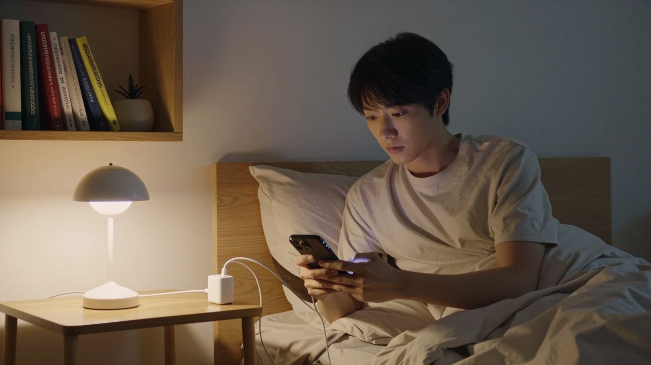 Person in bed at night, looking at phone. A lamp and books are on a bedside table.