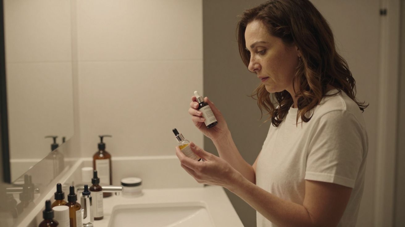 A woman in a white T-shirt examines a skincare bottle in a bathroom with several skincare products on the counter.