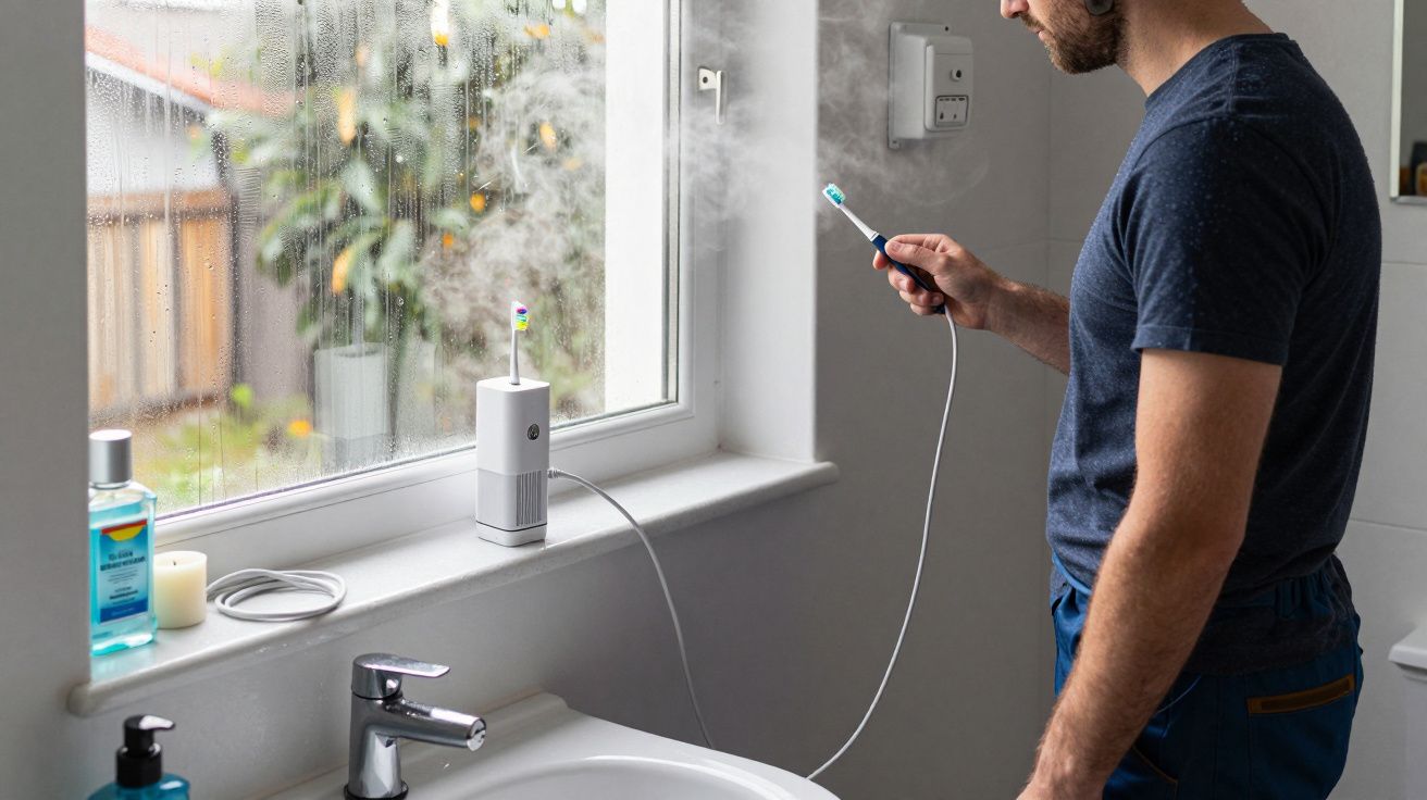 Man in bathroom with electric toothbrush and steamy window, surrounded by toiletries.