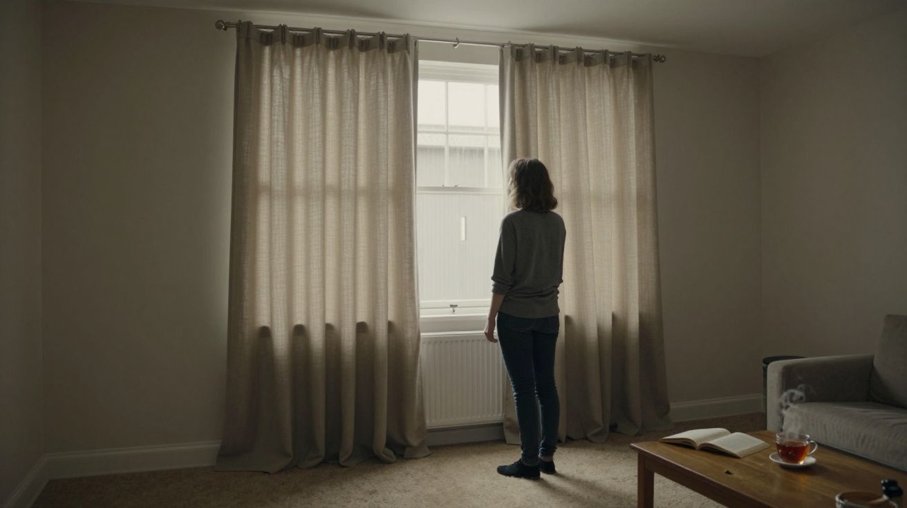 A person stands by a window with beige curtains in a sparsely furnished room, a book and tea on the wooden table nearby.