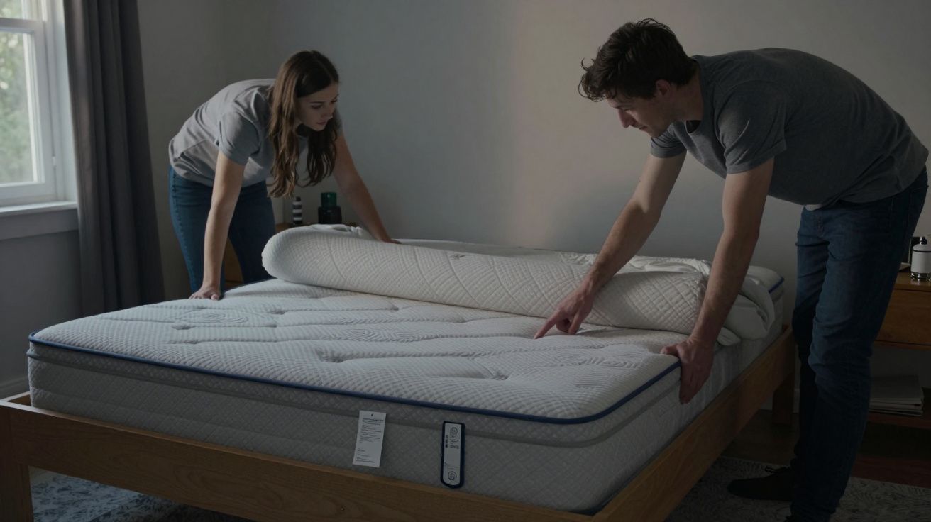 A man and woman adjusting a mattress cover on a bed in a softly lit bedroom.