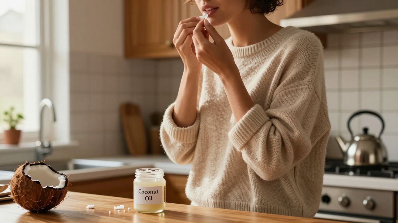 Person in a kitchen applying coconut oil to lips with jar and open coconut on the counter.