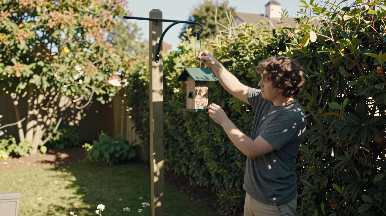 Person hanging a bird feeder on a wooden post in a sunny garden surrounded by hedges and greenery.
