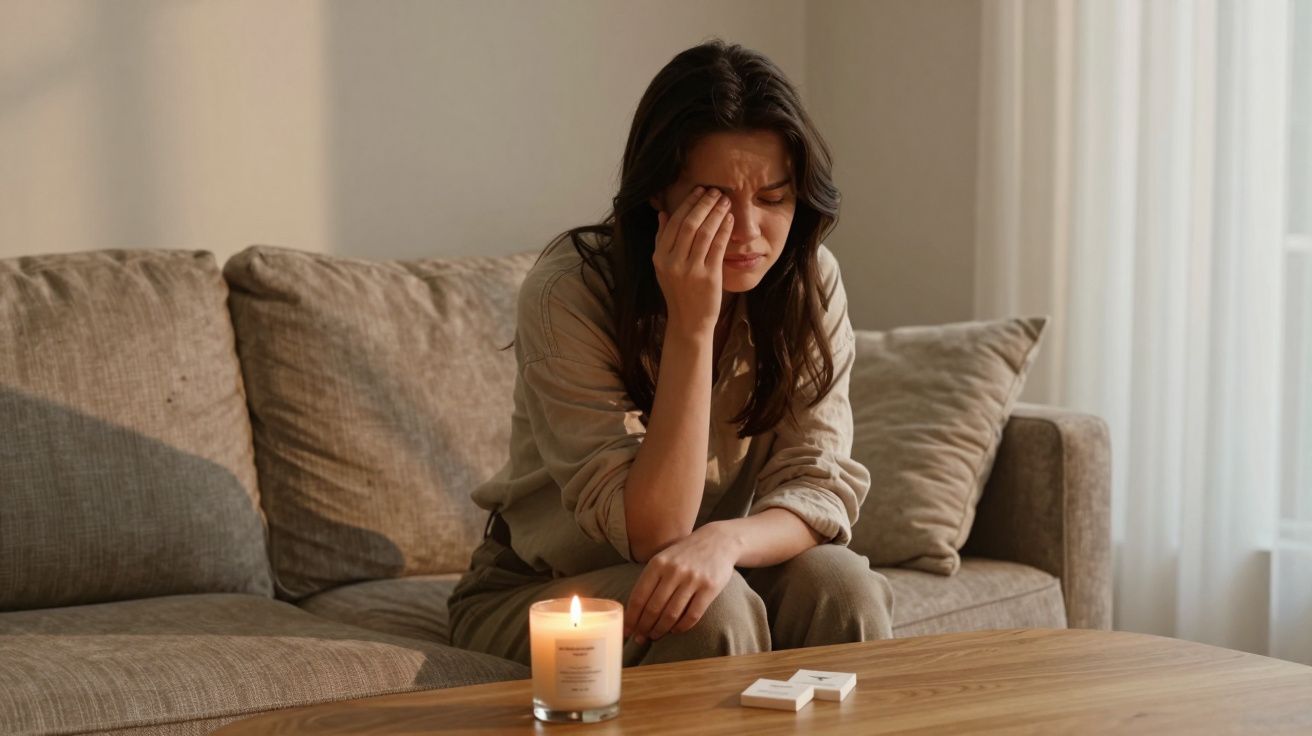 Woman sitting on sofa, looking distressed, holding her head with hand, a lit candle on table in front.