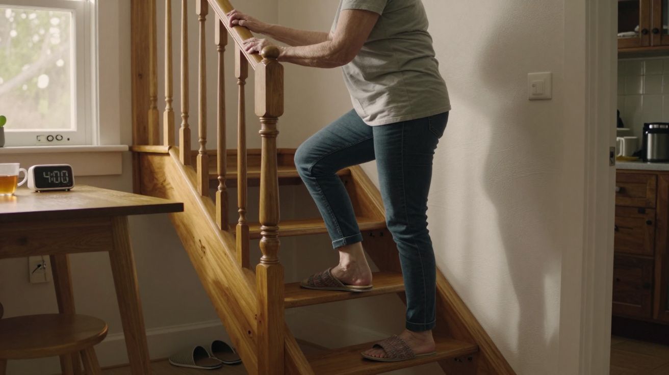 Person in casual clothes ascending wooden stairs next to a kitchen, with a clock at 4:00 on a nearby table.
