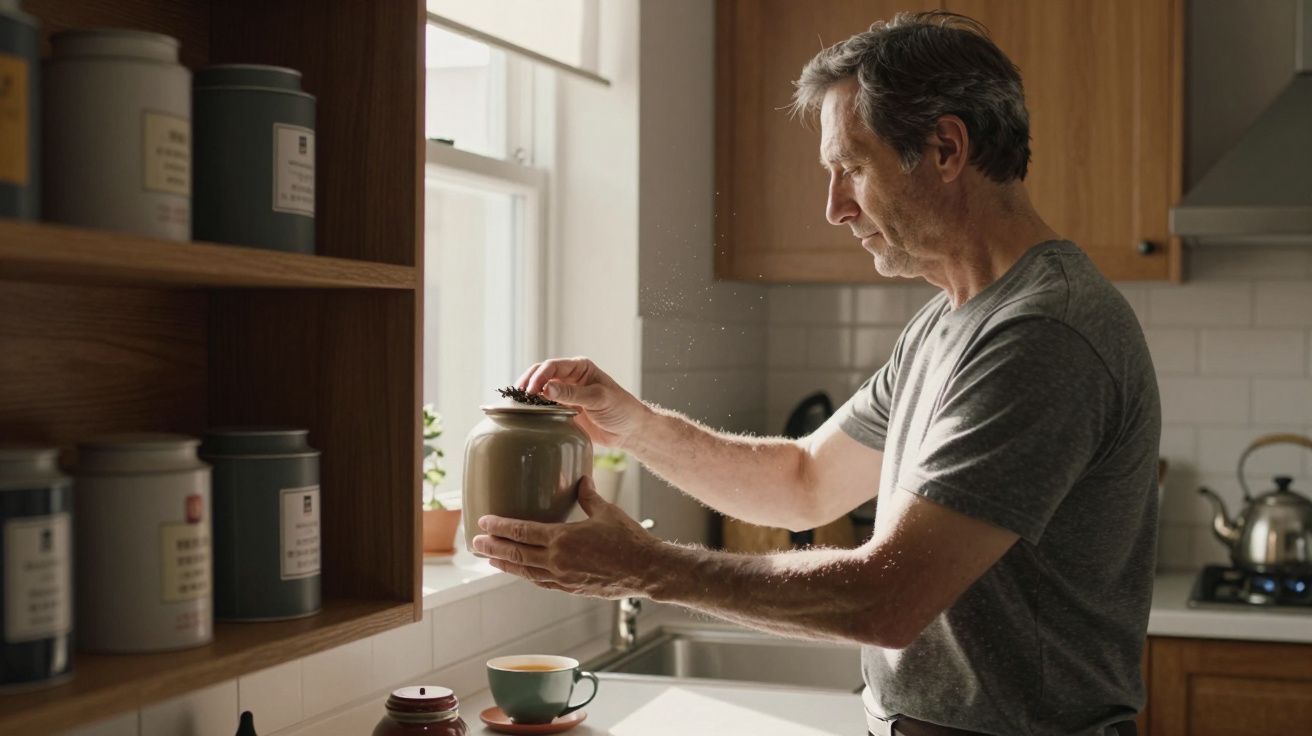 Man in kitchen holding a jar, preparing a drink, with sunlight through window and shelves of containers nearby.