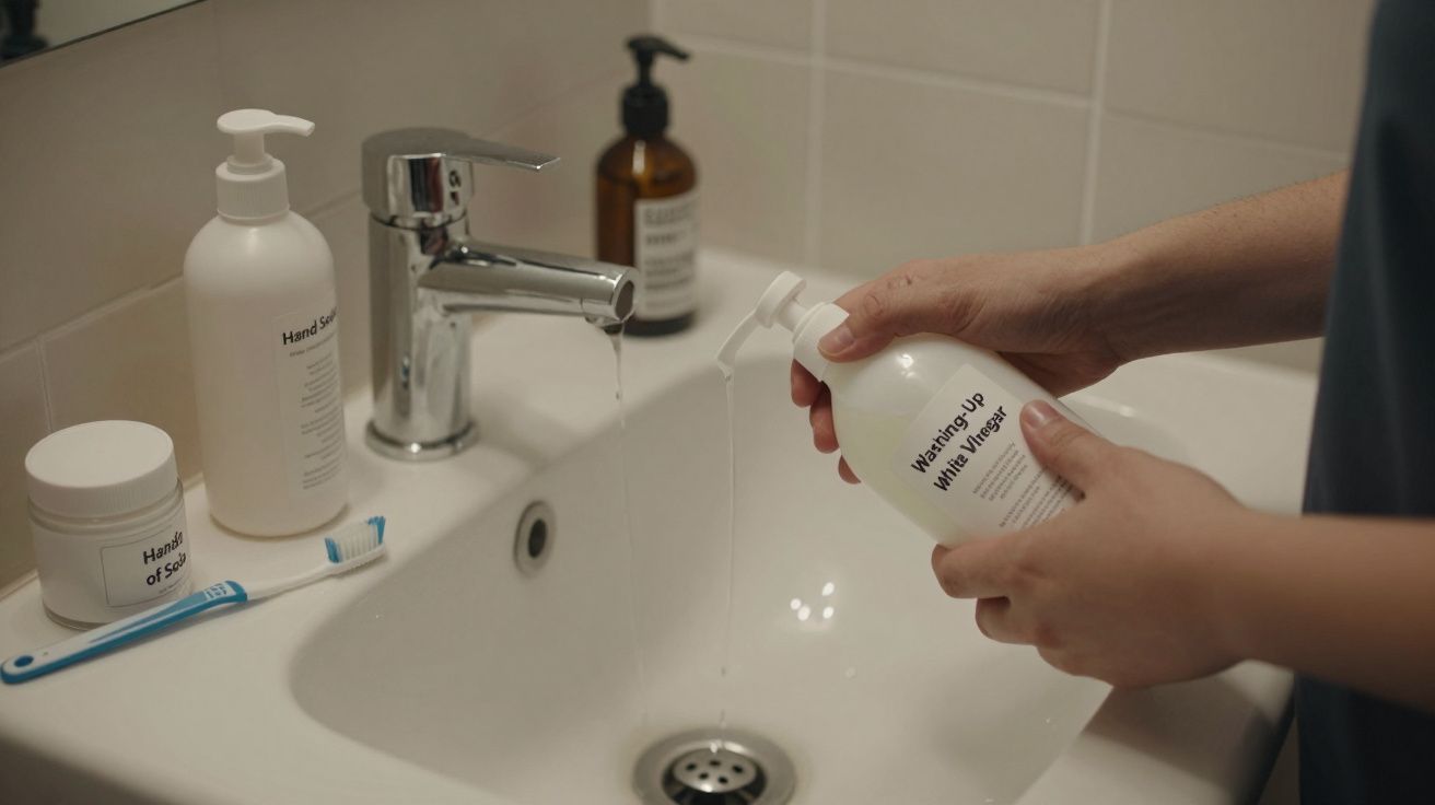 Person washing hands at a bathroom sink with a soap bottle.