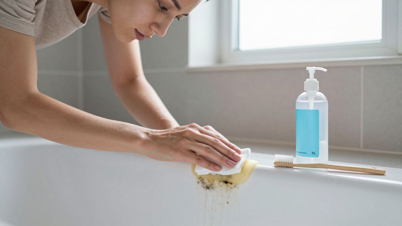 Person cleaning a bathtub with a sponge next to a bottle of cleaning spray and scrubbing brush, near a window.