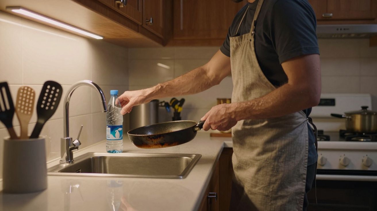 Man in apron holds frying pan in kitchen, standing by a sink with utensils and bottled water on the counter.