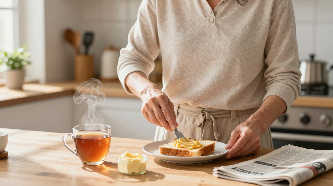 Person spreading butter on toast in a bright kitchen, with a cup of tea and a newspaper on the table.