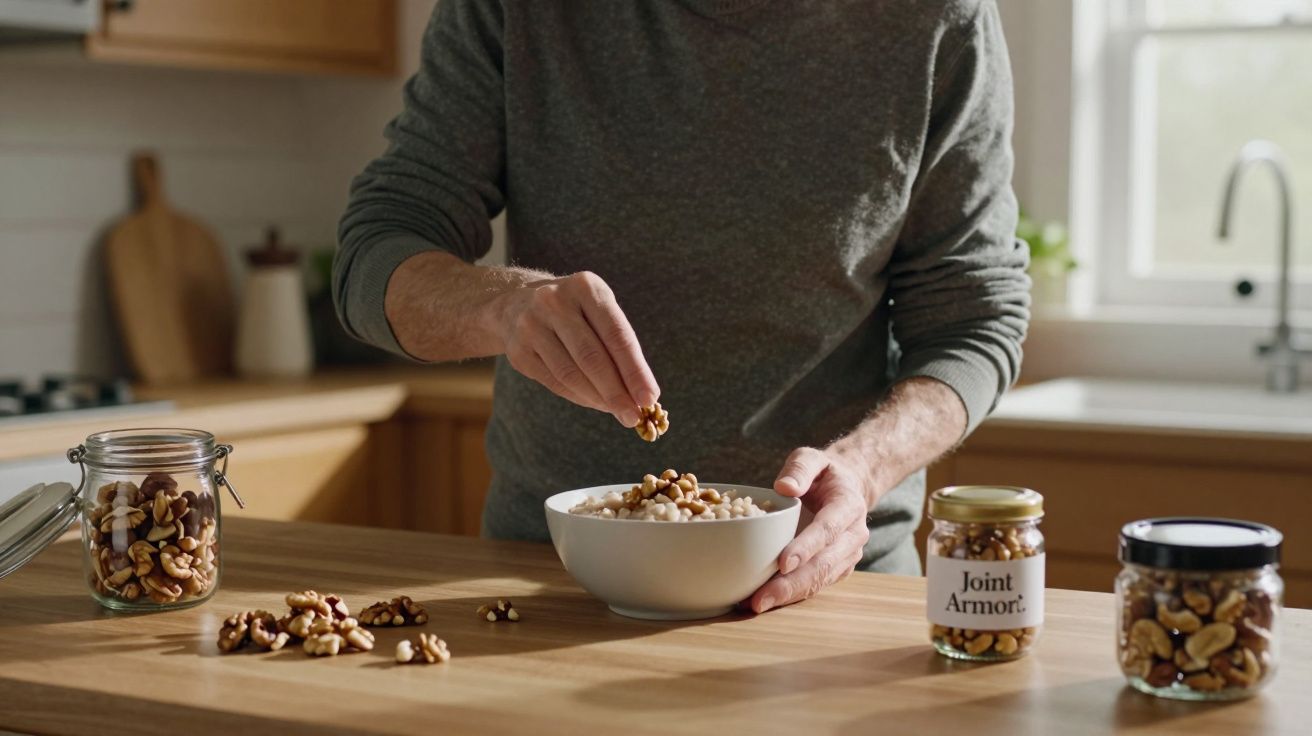 Person adds nuts to a bowl of cereal on a wooden kitchen counter with jars of nuts nearby.