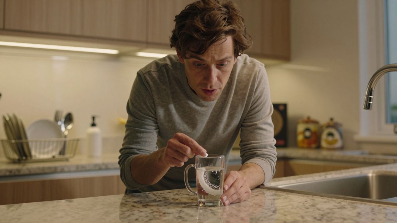 Man stirring a glass of water in a modern kitchen with wooden cabinets, looking intently at the glass.