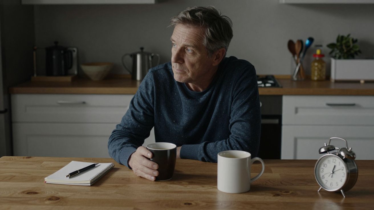 Man with grey hair in a kitchen, holding a coffee mug, looking out, with notebook and clock on table.