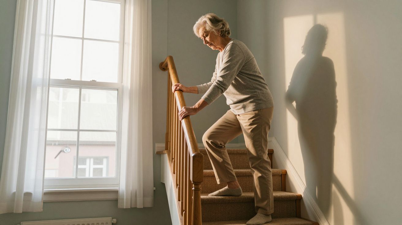 Elderly woman carefully climbing stairs, holding railing, sunlight casting shadow on wall.