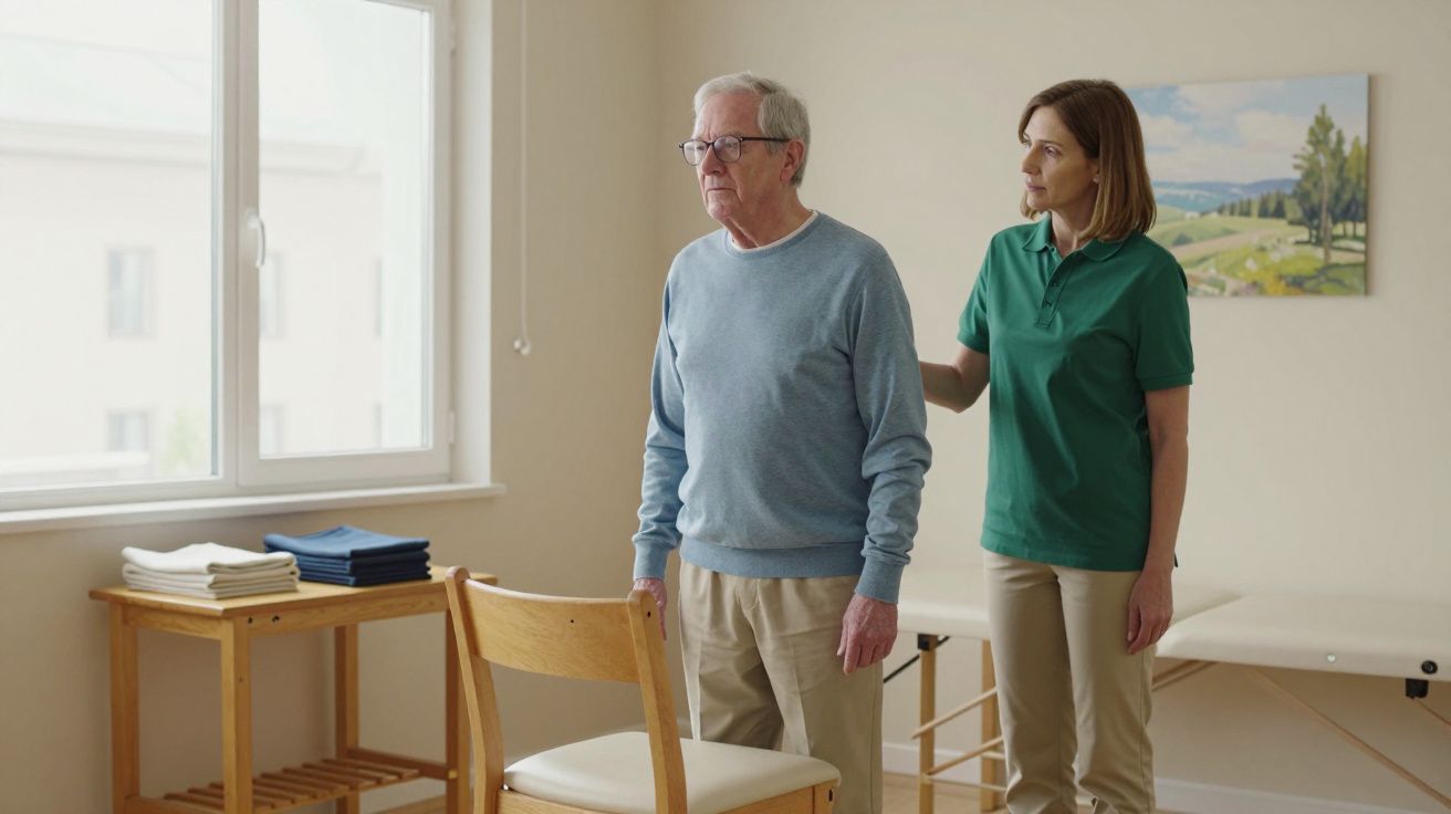 Elderly man in blue jumper assisted by woman in green shirt standing up from chair in bright room.