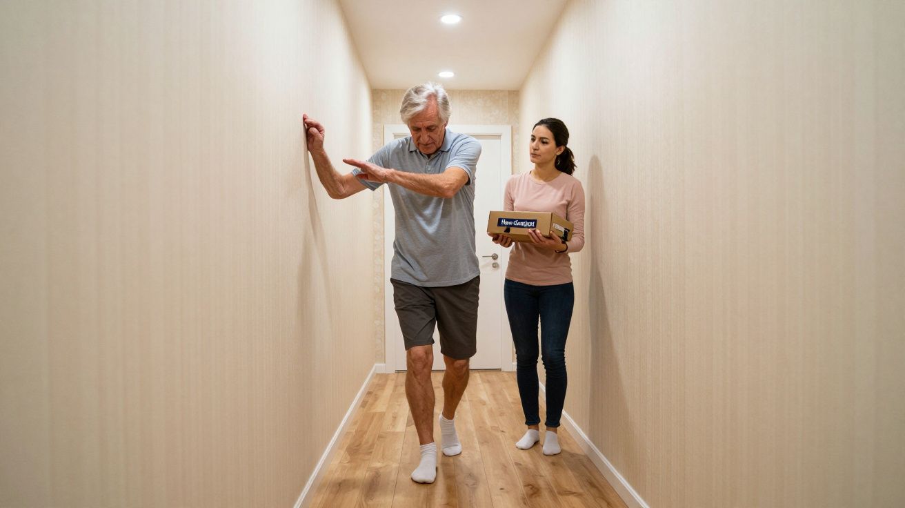 Elderly man walking with support on wall, young woman holding a box follows closely in a narrow hallway.