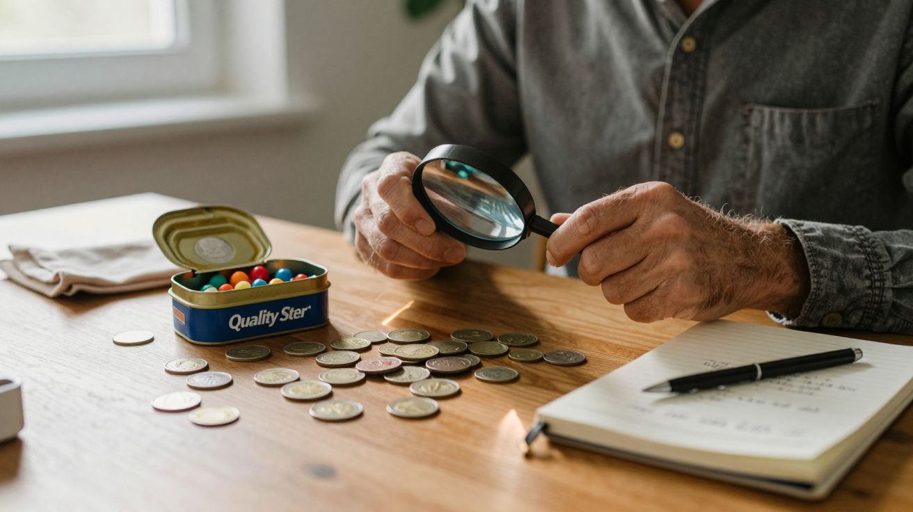Person examining coins with magnifying glass on a wooden table, notebook and tin nearby.