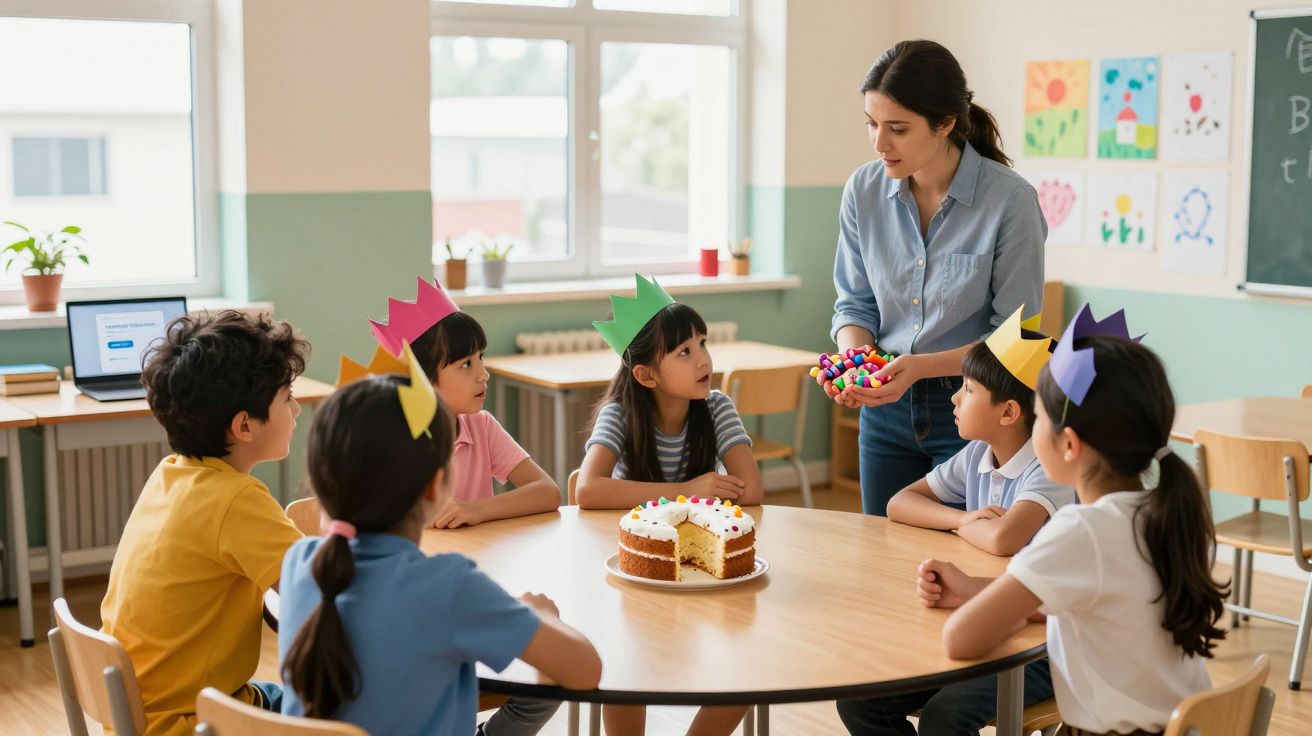 A teacher hands out sweets to children wearing crowns, gathered around a cake at a round table in a colourful classroom.
