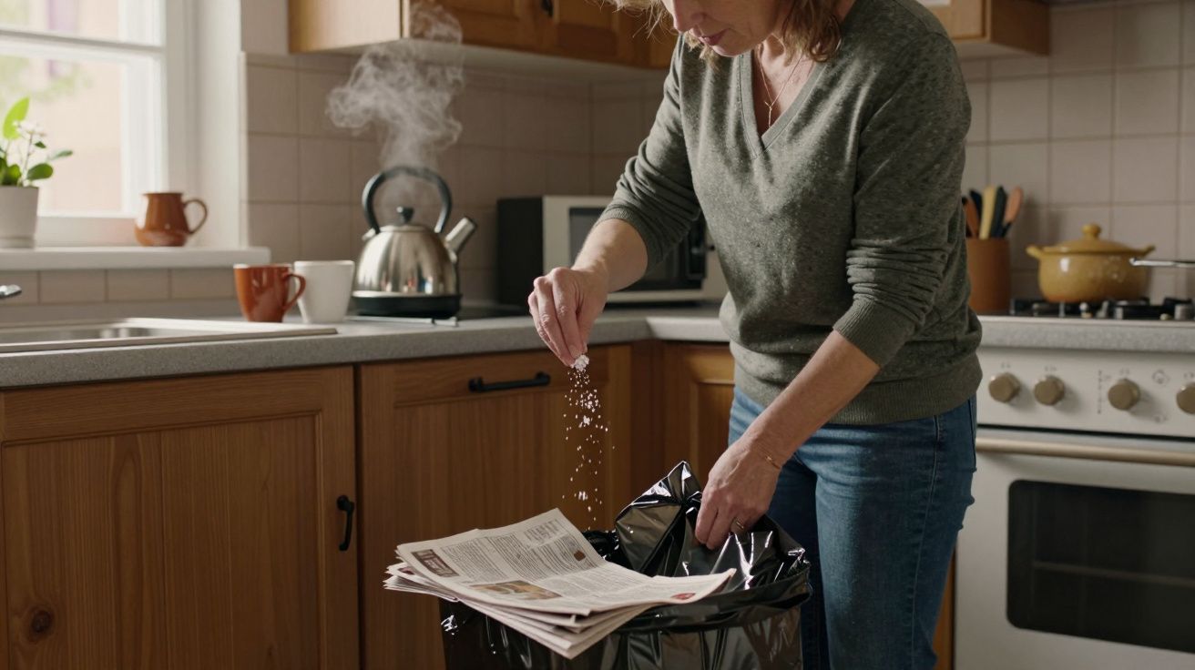 Woman in kitchen discarding food waste into bin, with kettle and steaming pot on the stove.