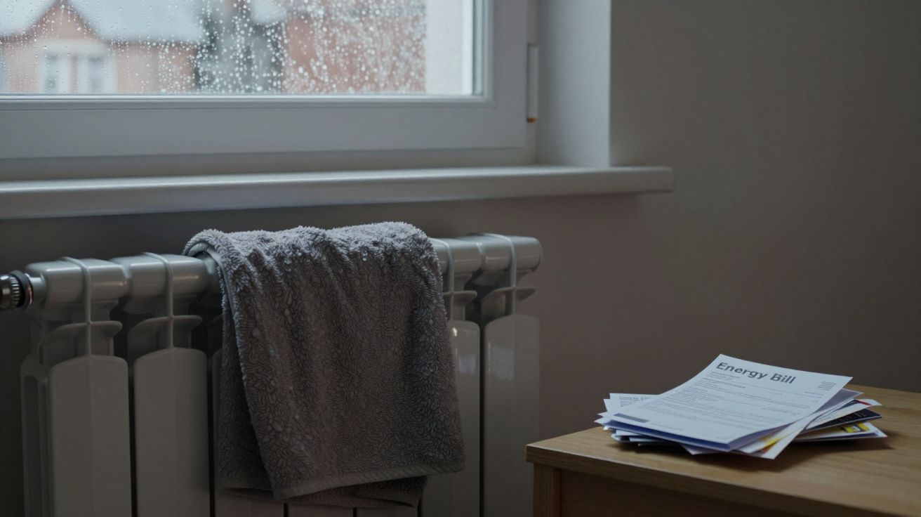 Radiator with towel, energy bill on table, raindrops on window, overcast day outside.