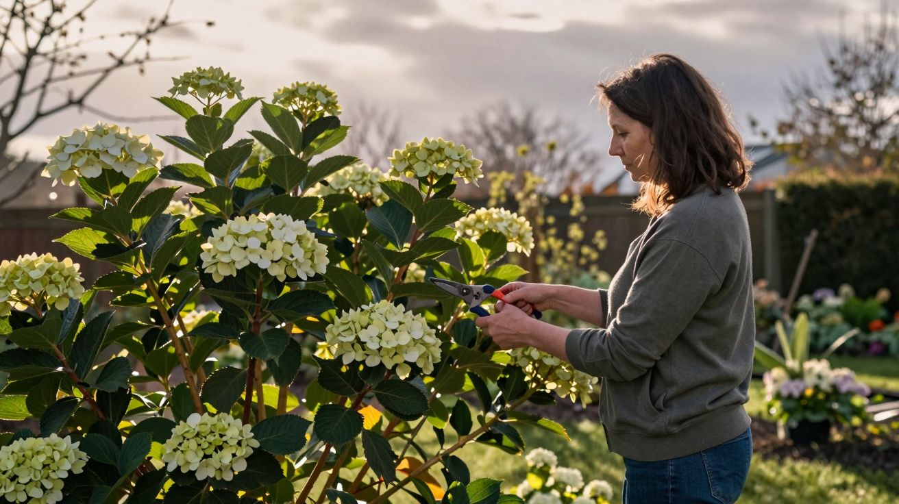 Woman pruning white hydrangea flowers in a sunny garden.