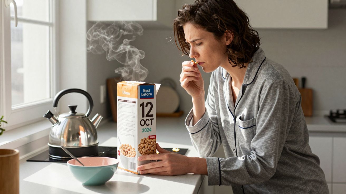 Woman in pyjamas sniffs cereal box in kitchen, kettle steaming, and bowl with spoon on white counter.