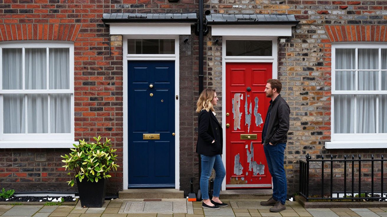 Two people converse between a blue and a weathered red door on a brick terrace street.