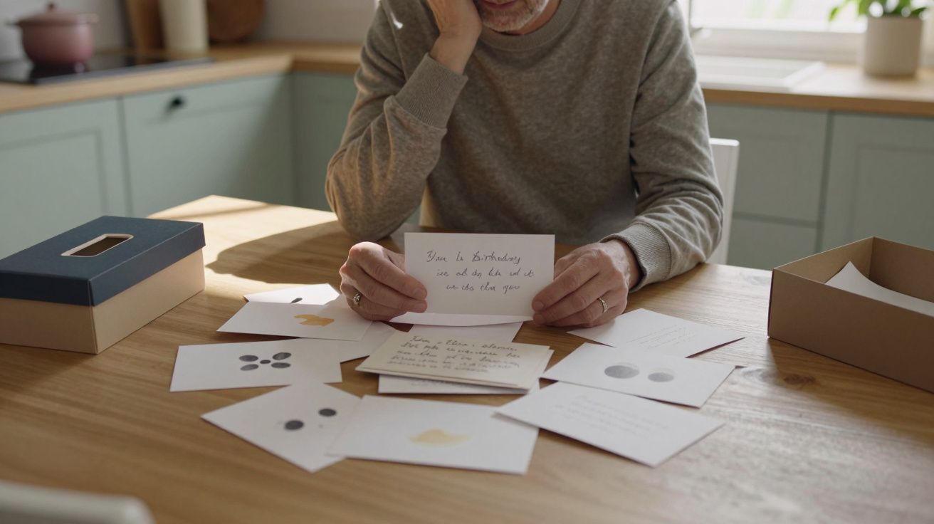 Man reading letters at a table, holding a handwritten card, surrounded by scattered notes, with a box nearby.