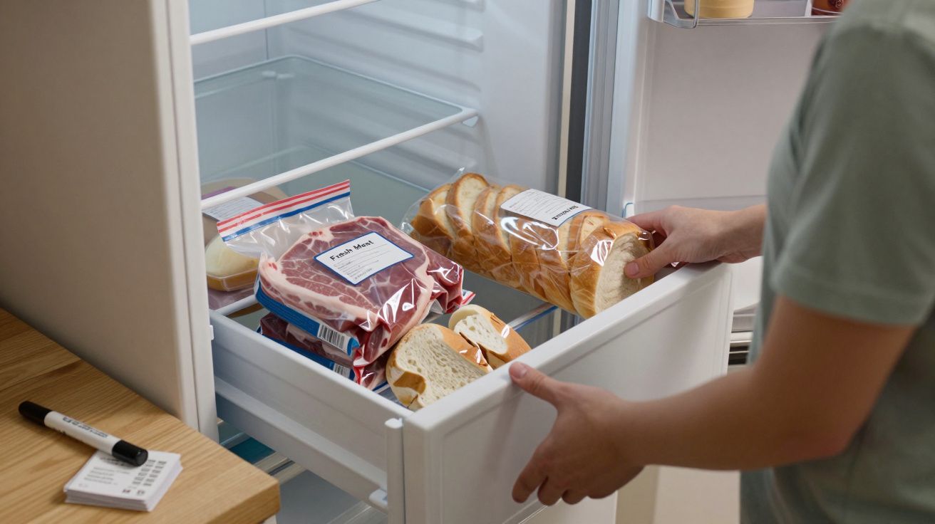 Person placing packaged bread in an open freezer drawer with meat.