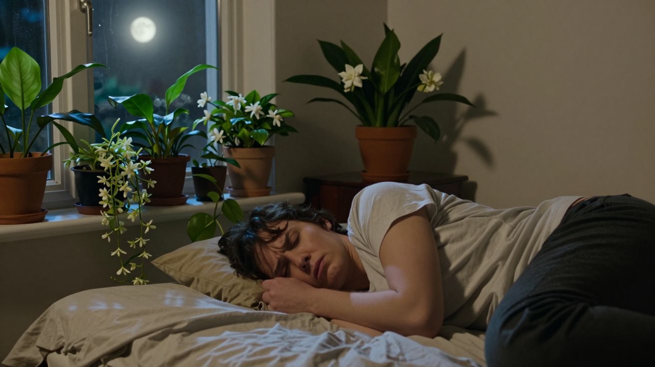 Person sleeping on bed by window, surrounded by potted plants, moonlight visible outside.