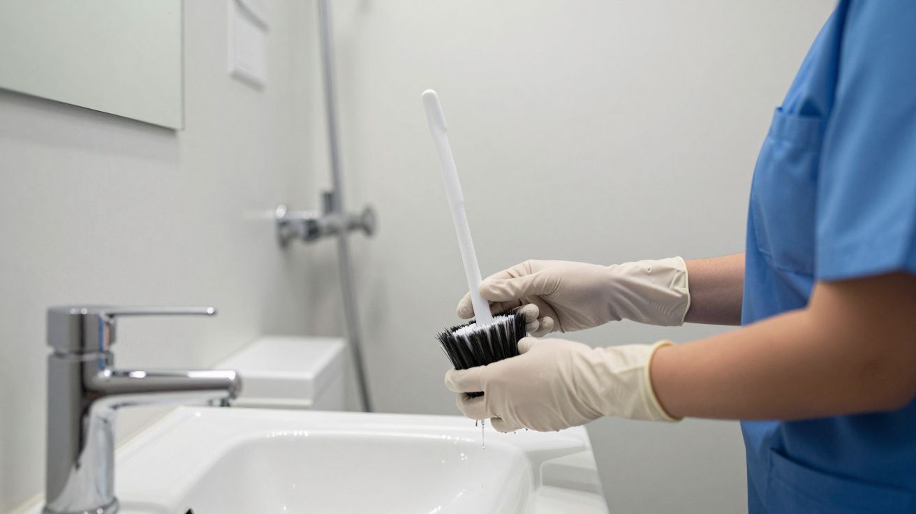 Person in blue uniform cleaning a bathroom sink with brush and gloves.