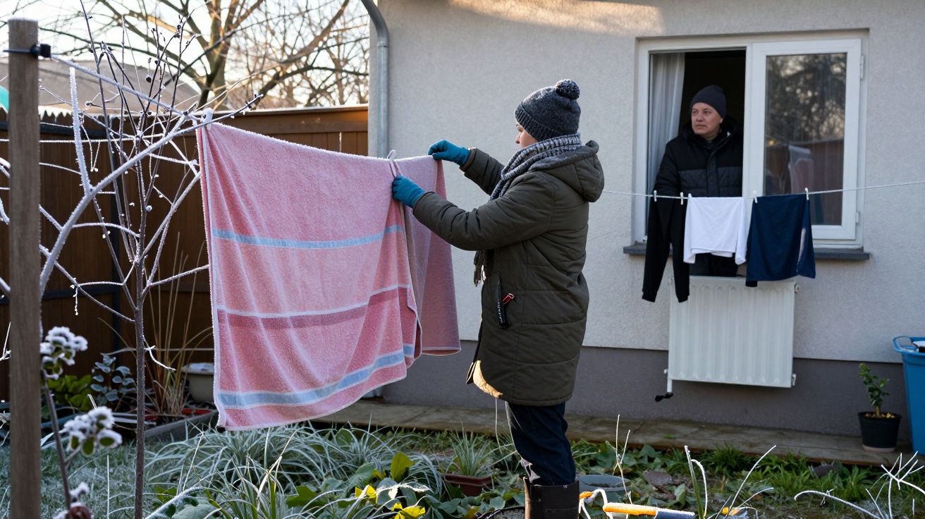 Person hangs pink towel on washing line in frosty garden; another observes from window.