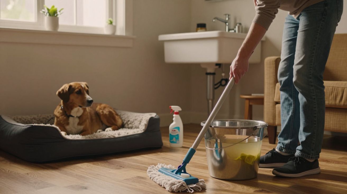 Person mopping wooden floor near a seated dog in a cosy living room.