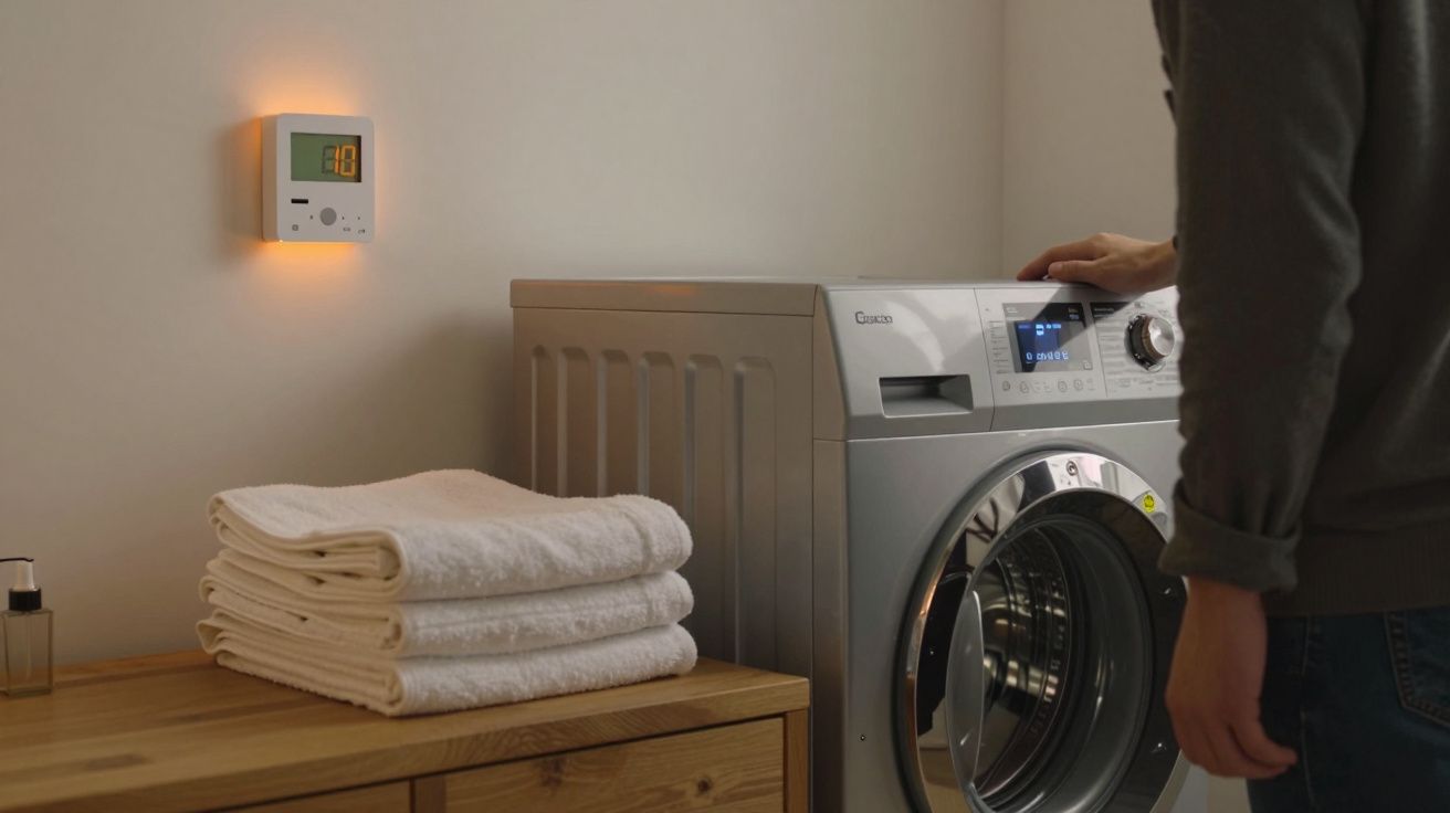 Person adjusting a washing machine in a laundry room with folded towels on a wooden counter.
