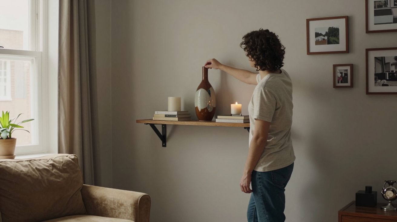 Person in casual wear placing vase on a wooden shelf with books and candles in a cosy living room.