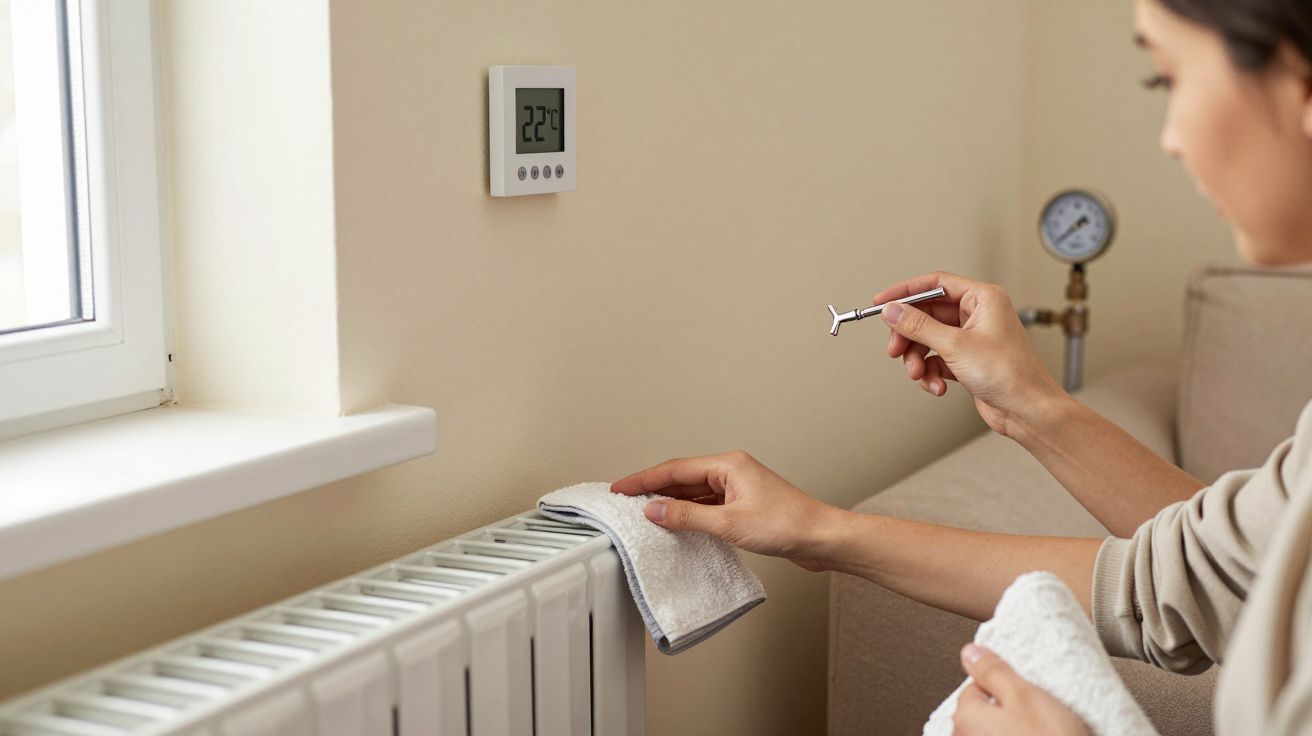 Woman adjusting radiator thermostat with a key, towel on radiator, digital thermostat on wall displaying 22°C.