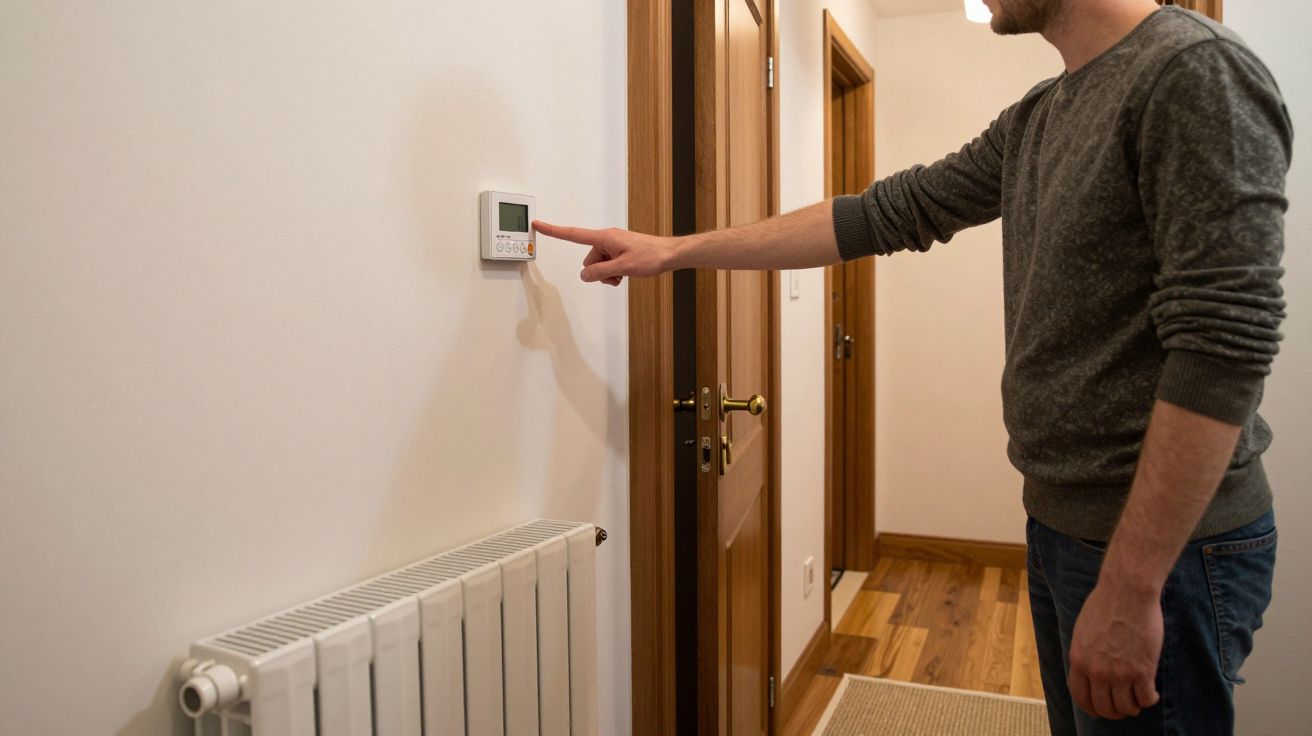 Man adjusting thermostat on hallway wall above radiator.