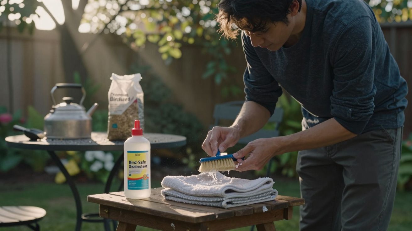 Person cleaning with a brush and detergent outdoors, with a kettle and birdseed on a table, garden in background.