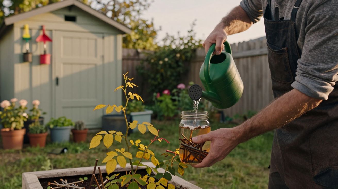 Person watering a plant in a garden using a green watering can, with pots and a shed in the background.