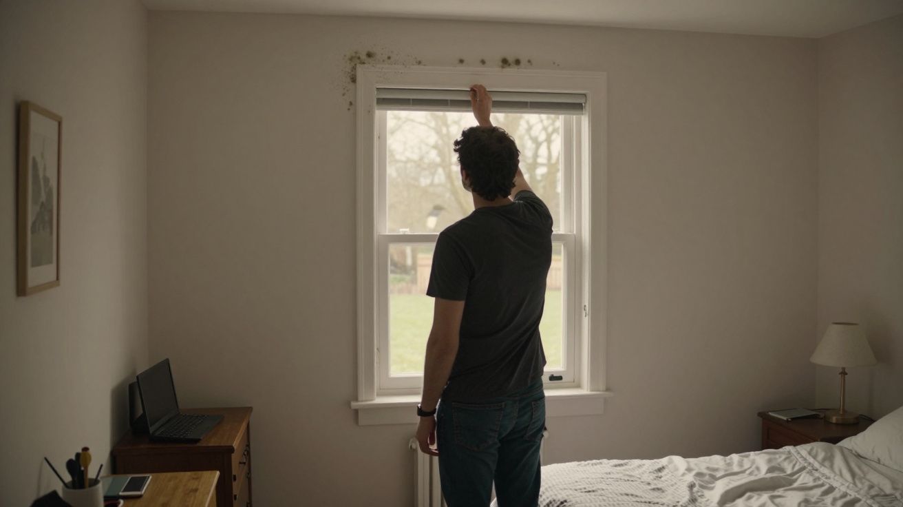 Man standing in a bedroom, adjusting a window blind, with mould on the wall above.