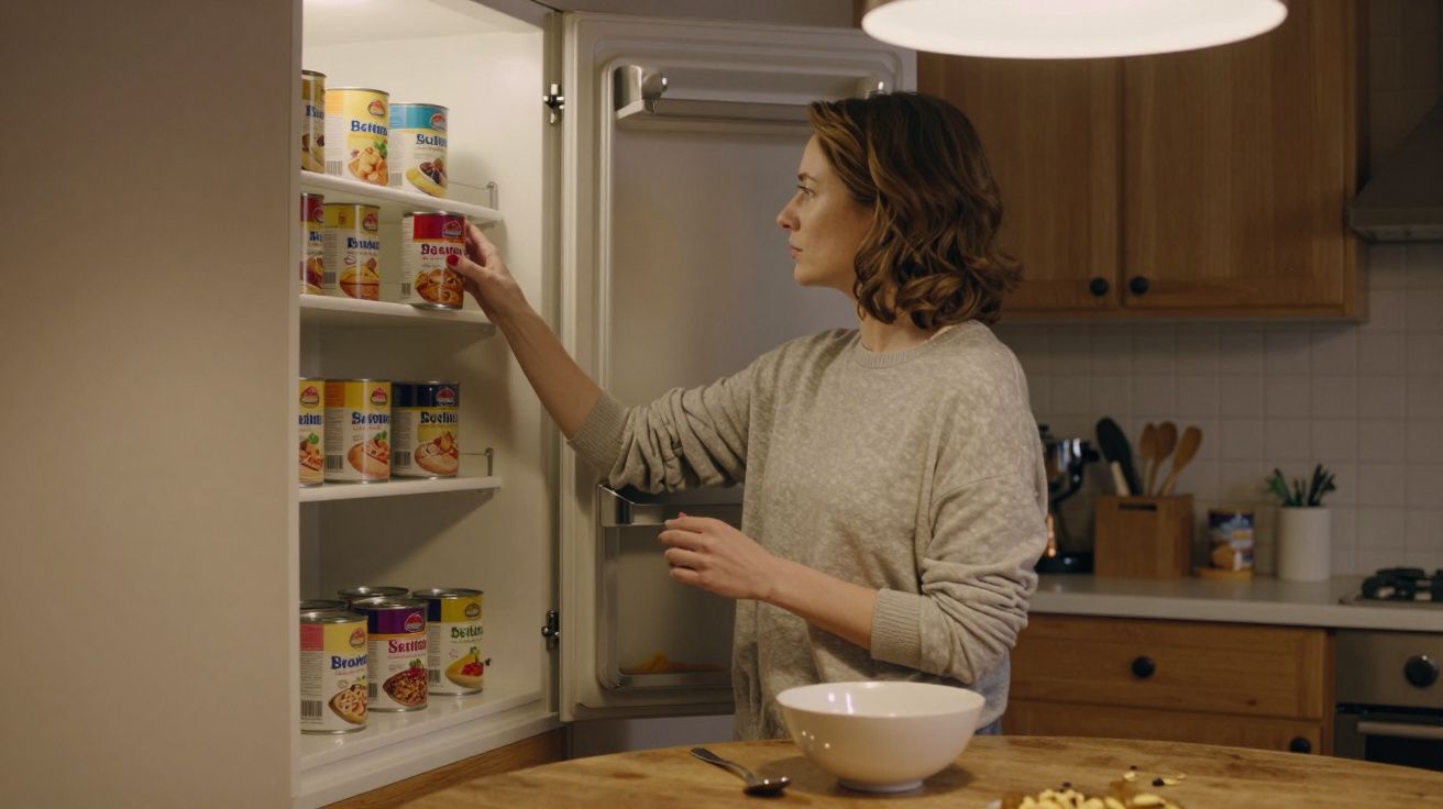 Woman in kitchen takes a can from a well-stocked pantry with labelled shelves, near a wooden table and kitchen tools.