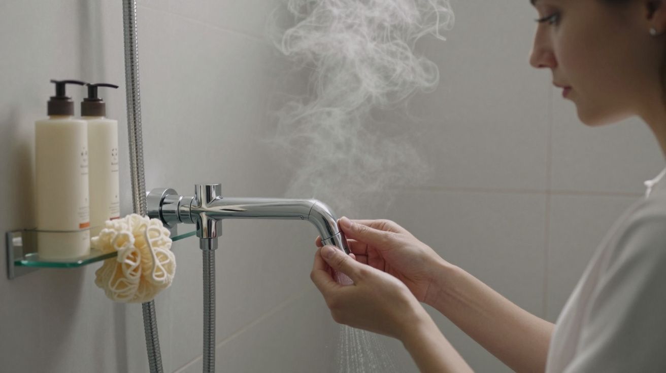 Woman adjusting hot water tap in steamy shower, with shampoo bottles and sponge on shelf.