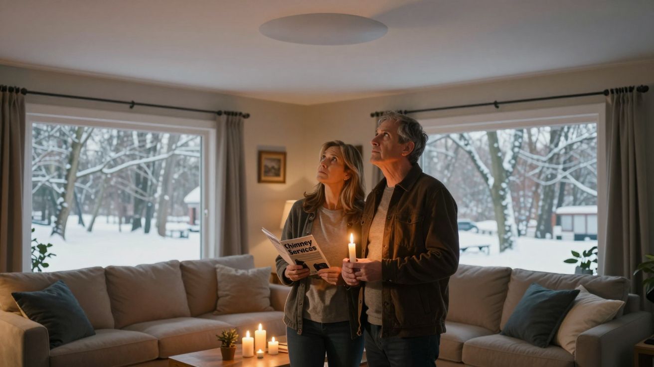 A couple holds candles in a cosy living room with snow outside, inspecting the ceiling, surrounded by lit candles.