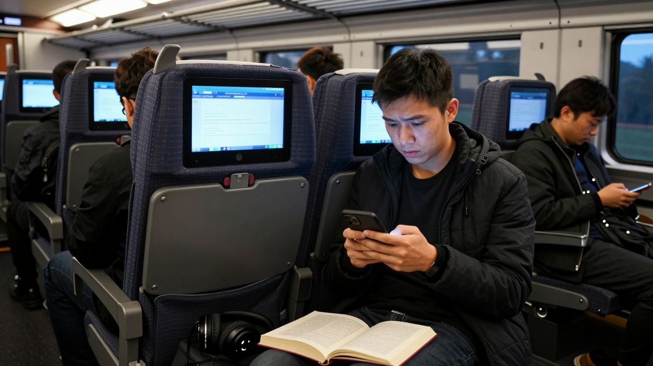 Passengers using phones and tablets on a train, with one person reading a book.